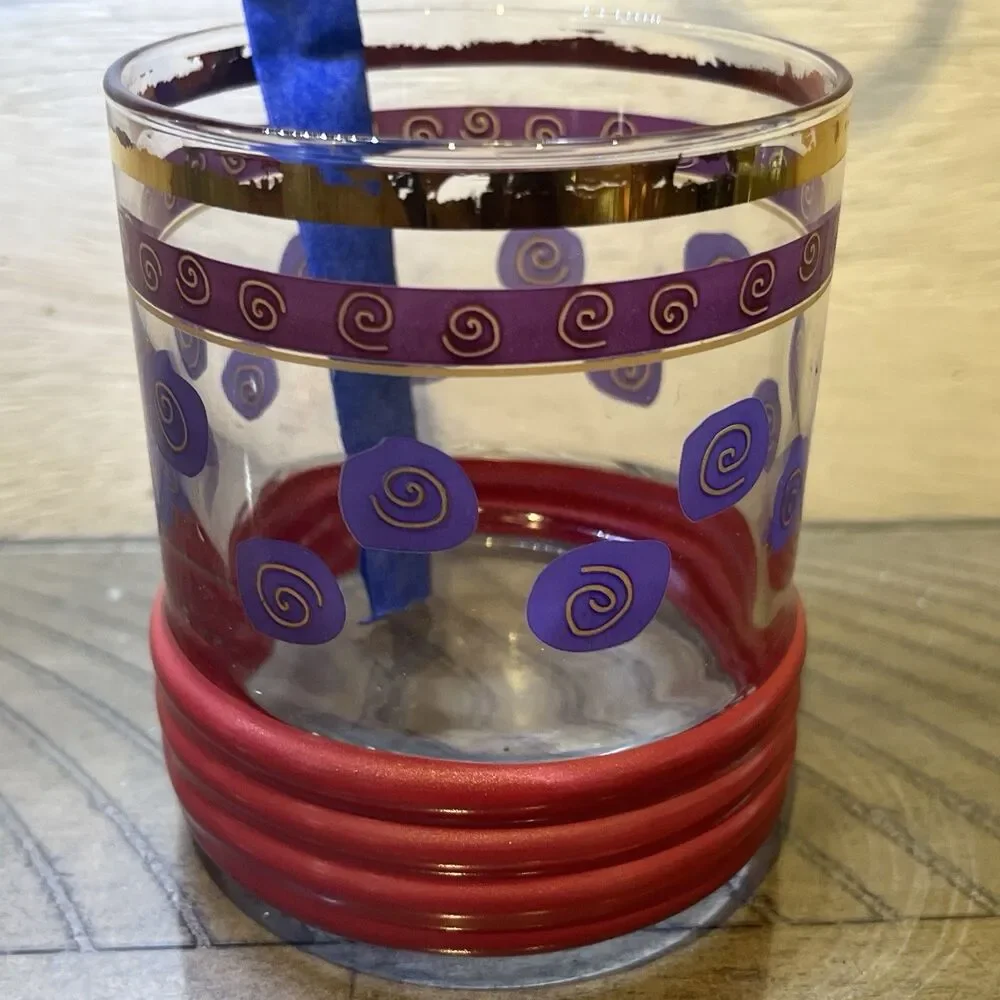 Sakura Sango Sue Zipkin MCM Golf Rim MCM Drinking Glass Blue Red Gold Rimmed VTG